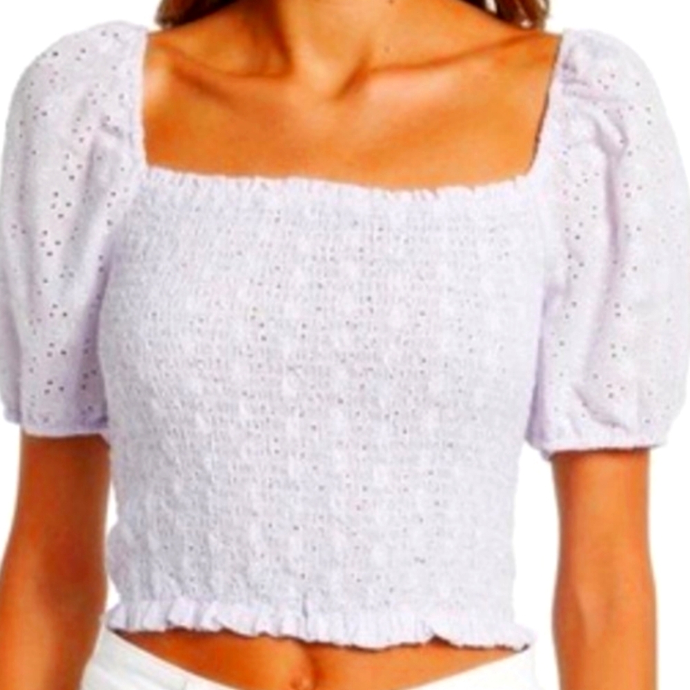 EUC Sophie Rue Light Lavender Smocked Eyelet Crop Top Puff Sleeve  Women's L